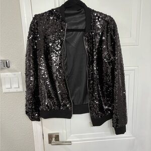 SHEIN Black Sequin Bomber Jacket